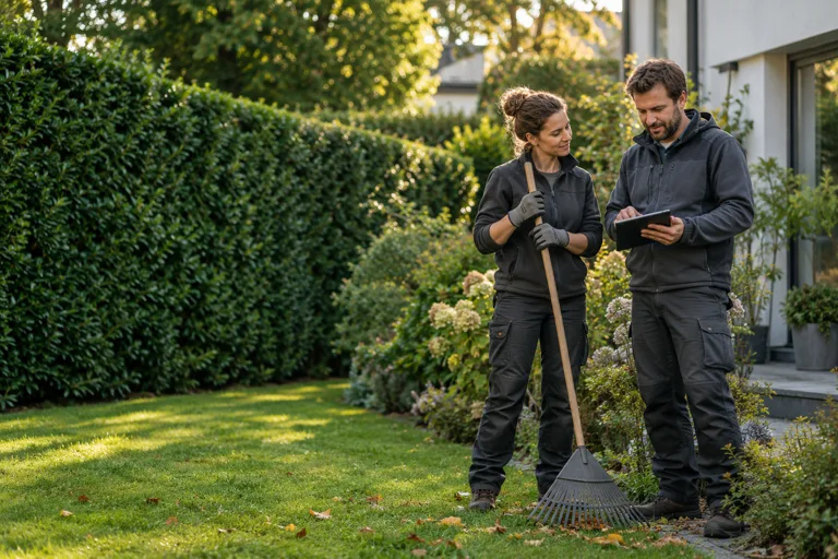 Für diesen Entwurf erzeugte Arbeitsszene: Team bei der Gartenpflege
